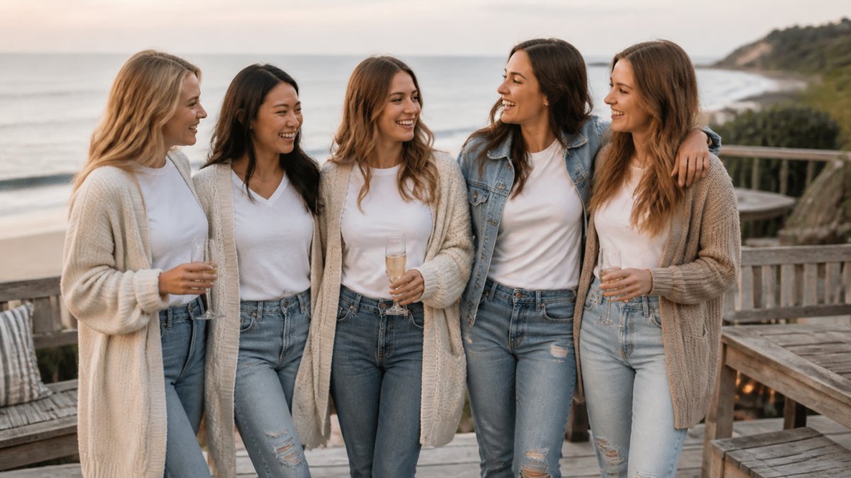 Group of women wearing coordinated bachelorette party shirts layered with light jackets and cardigans at a beachside destination, showing how the same shirt works for getting-ready photos, daytime activities, and evening outings