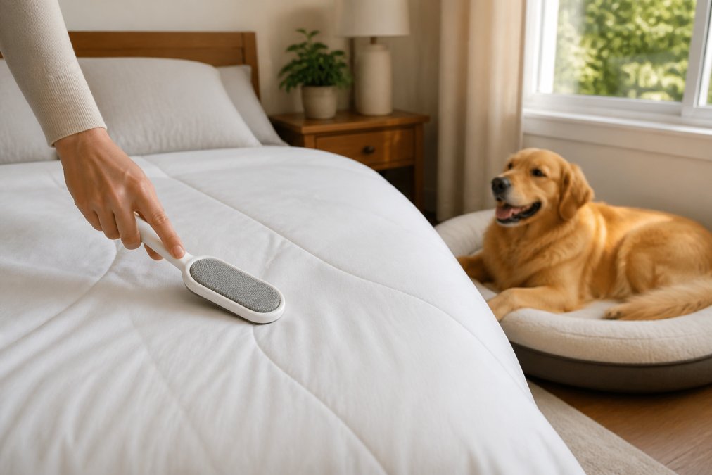 Close-up of a hand brushing a smooth, tightly woven white comforter fabric on a neatly made bed, with a golden retriever resting nearby on a matching pet bed in a sunlit bedroom