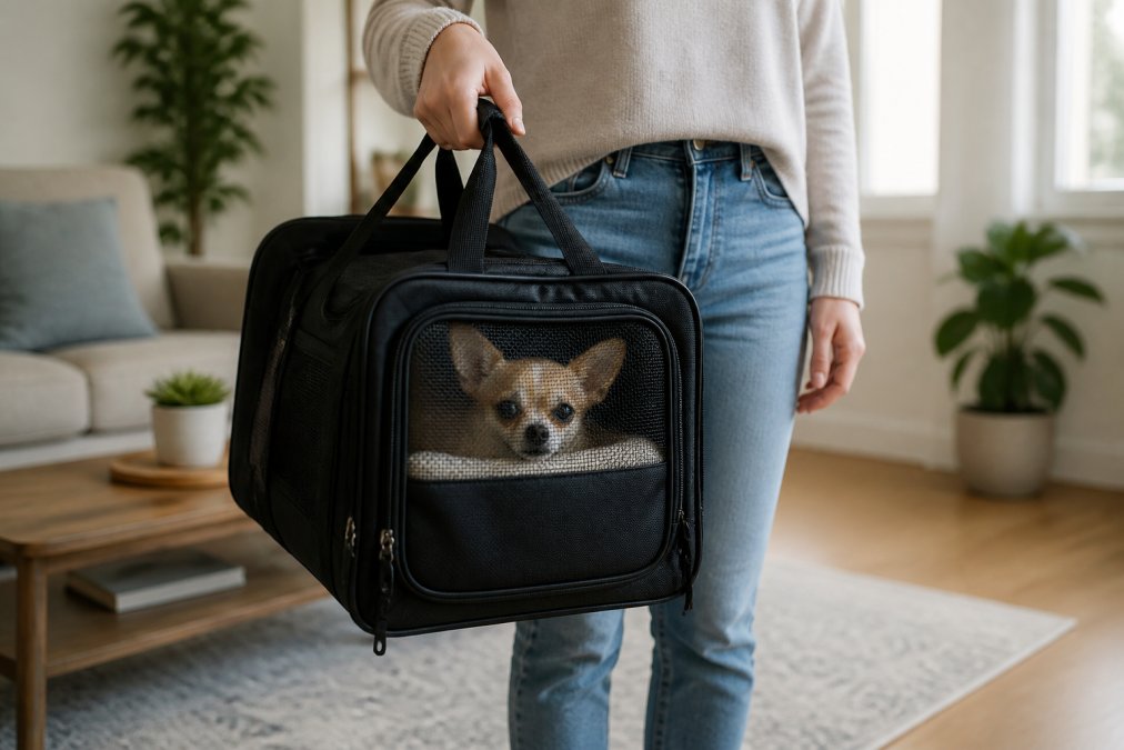 A calm Chihuahua peeking out from a soft-sided carrier held by its owner, the dog looking relaxed with a clear viewing panel, in a bright, quiet living room setting