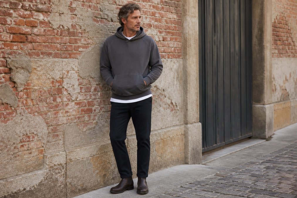 A man in his 40s wearing a sun-faded hoodie layered over a white tee, paired with dark chinos and chelsea boots, standing against a weathered brick wall in natural light