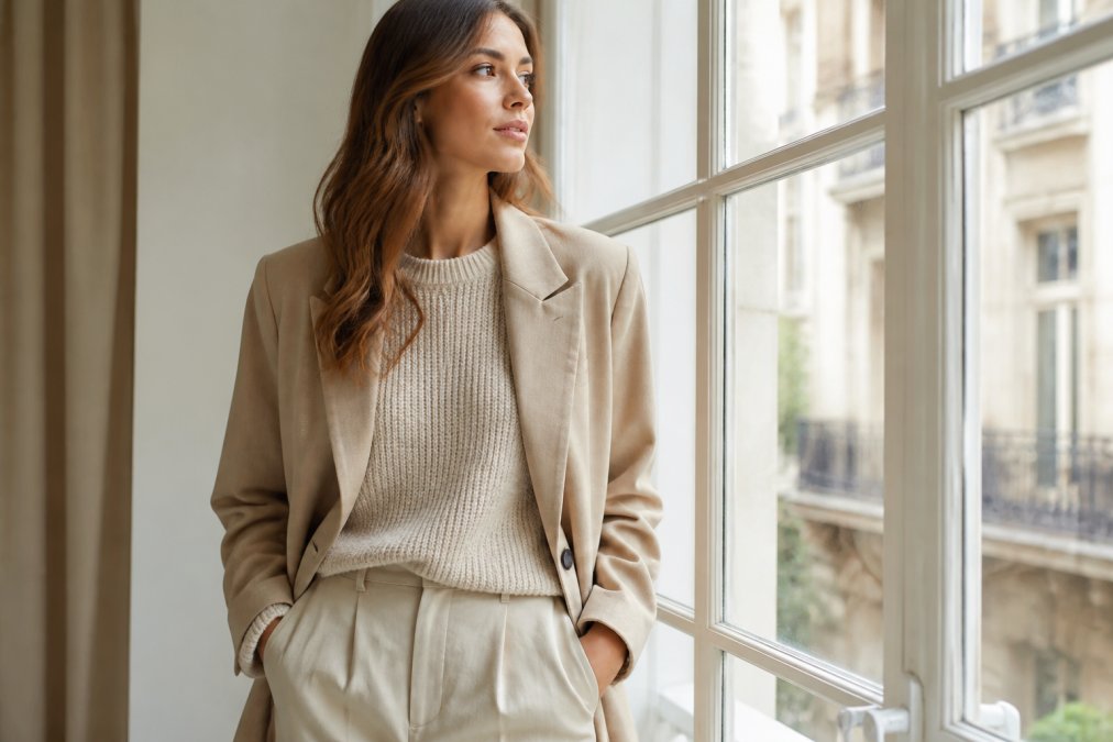 Woman wearing a tailored oversized blazer in neutral beige over a soft textured knit sweater and neutral trousers, standing by a window with natural morning light, showcasing effortless professional styling