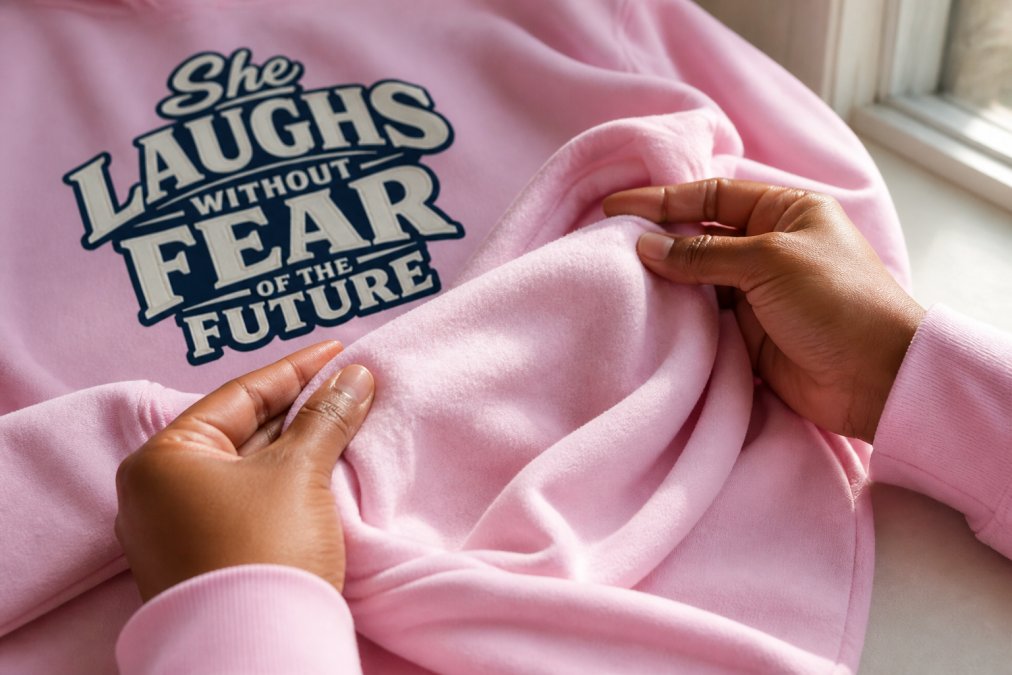 Woman's hands holding and examining soft fabric of a cozy Christian-message sweatshirt, close-up detail showing textile quality and weave in natural window light