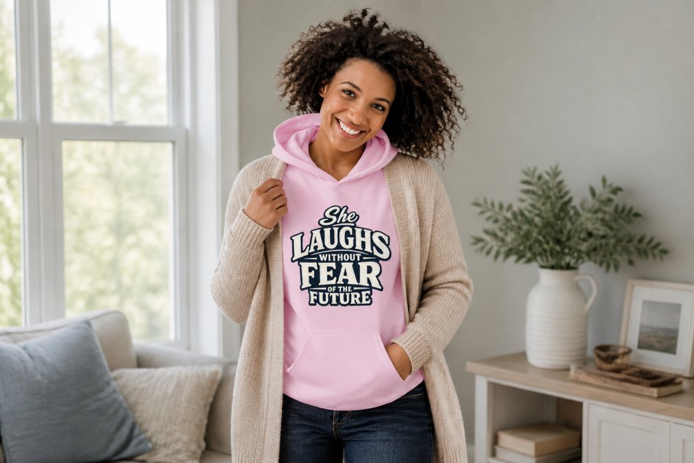 Woman wearing a faith-inspired graphic tee layered with a neutral cardigan and dark jeans, standing confidently in a bright home setting with natural window lighting