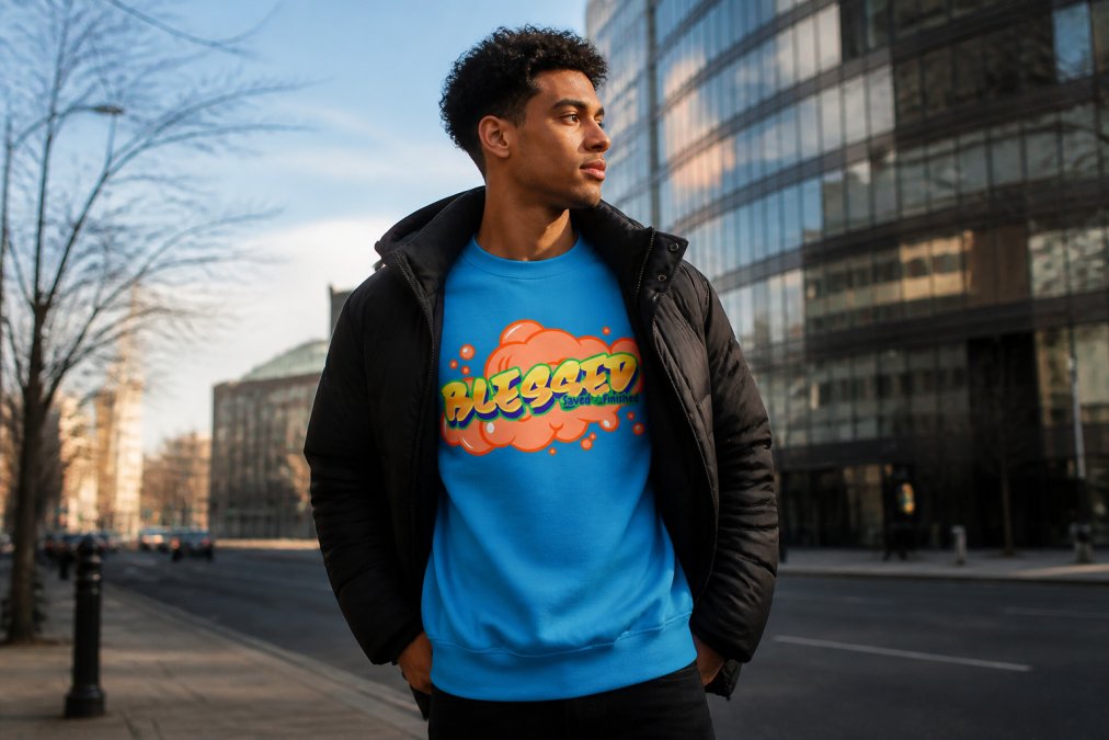 Young adult wearing the Blessed Sweater layered under a winter jacket, standing outdoors in urban setting with natural morning light, confident posture
