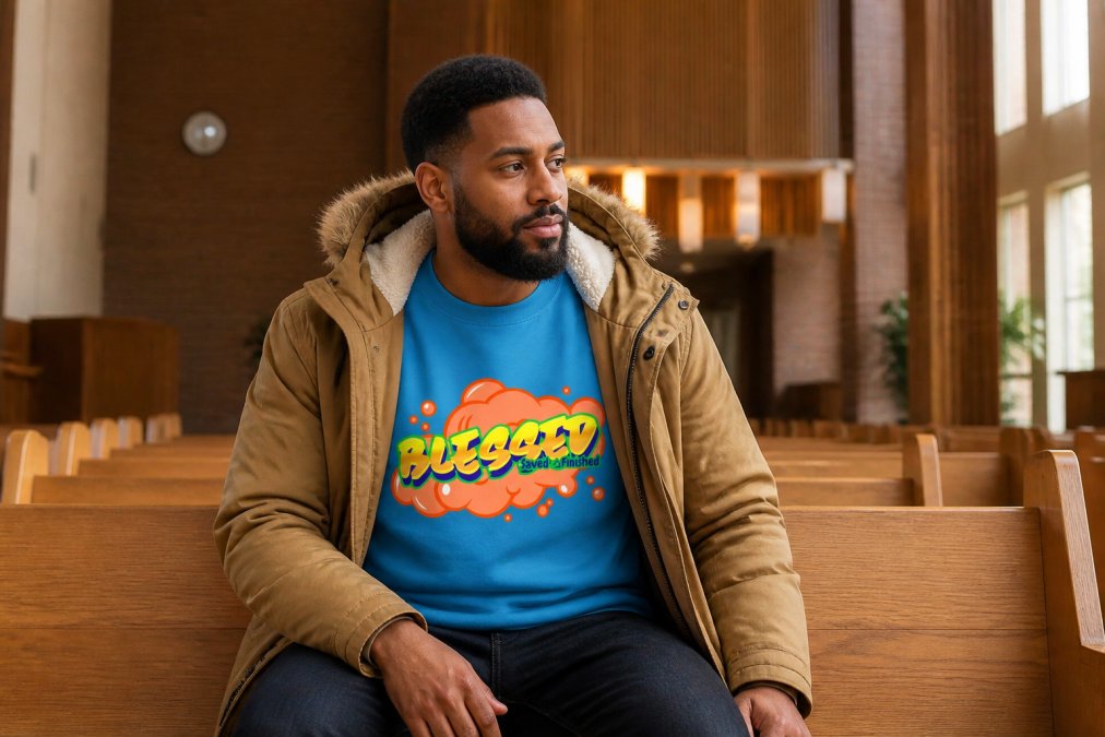 Person wearing comfortable Christian sweater layered with casual winter coat and dark jeans, sitting in modern church setting with warm natural lighting, comfortable posture
