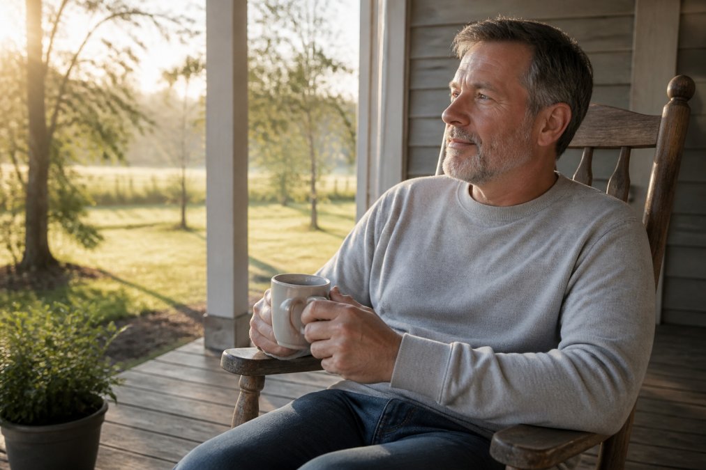 A relaxed man in his 50s wearing a soft crewneck sweatshirt, sitting on a wooden porch with a coffee mug in hand, morning light across the yard