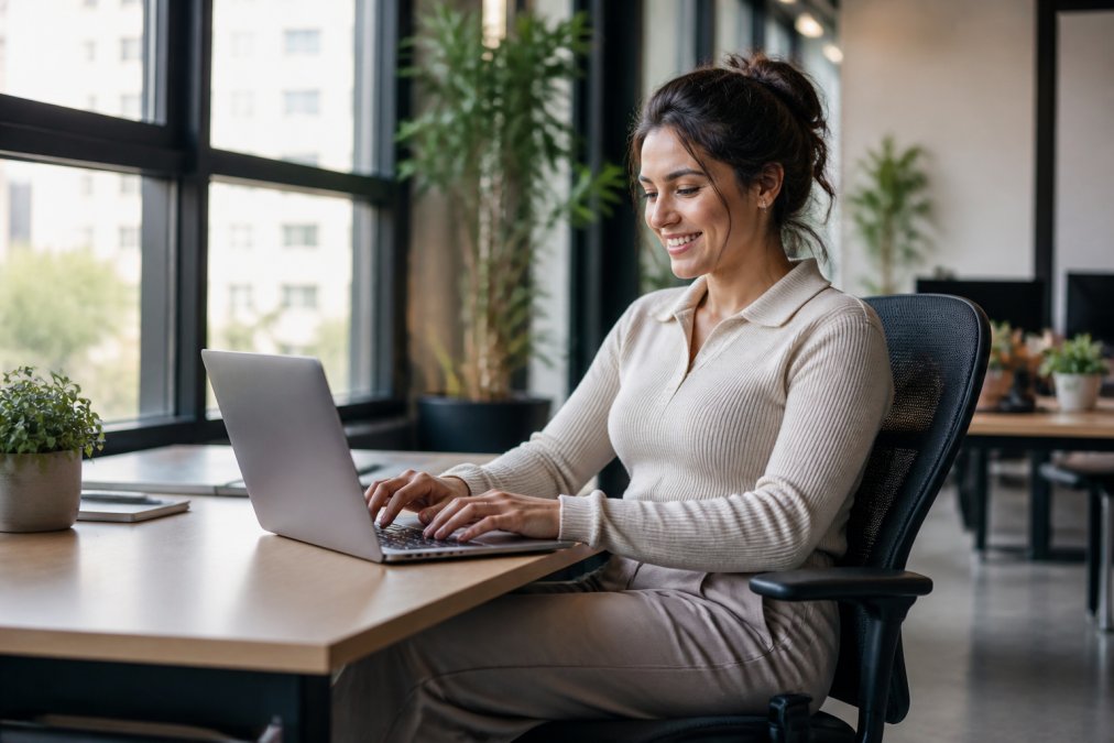 A young professional wearing comfortable clothing works on a laptop at a bright, modern office desk.