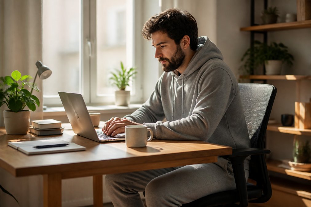 A person sitting at a tidy home office desk wearing a cozy hoodie and relaxed-fit joggers, looking comfortable and focused at their laptop with a coffee mug nearby, warm natural light coming through a nearby window
