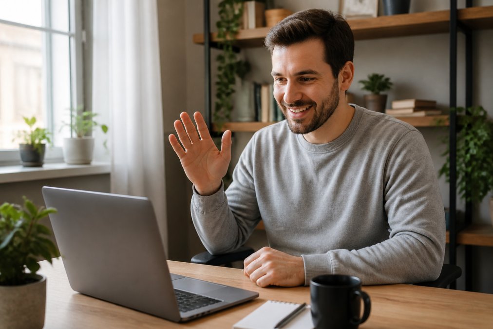 A person on a video call at a home desk wearing a clean, smart-casual crewneck sweatshirt in a solid neutral color, appearing put-together and professional from the waist up, soft natural light from a window to the left
