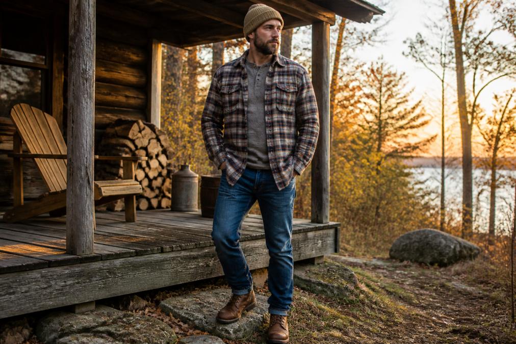 Man wearing a layered flannel shirt, denim jeans, and leather boots standing in a rugged outdoor landscape.