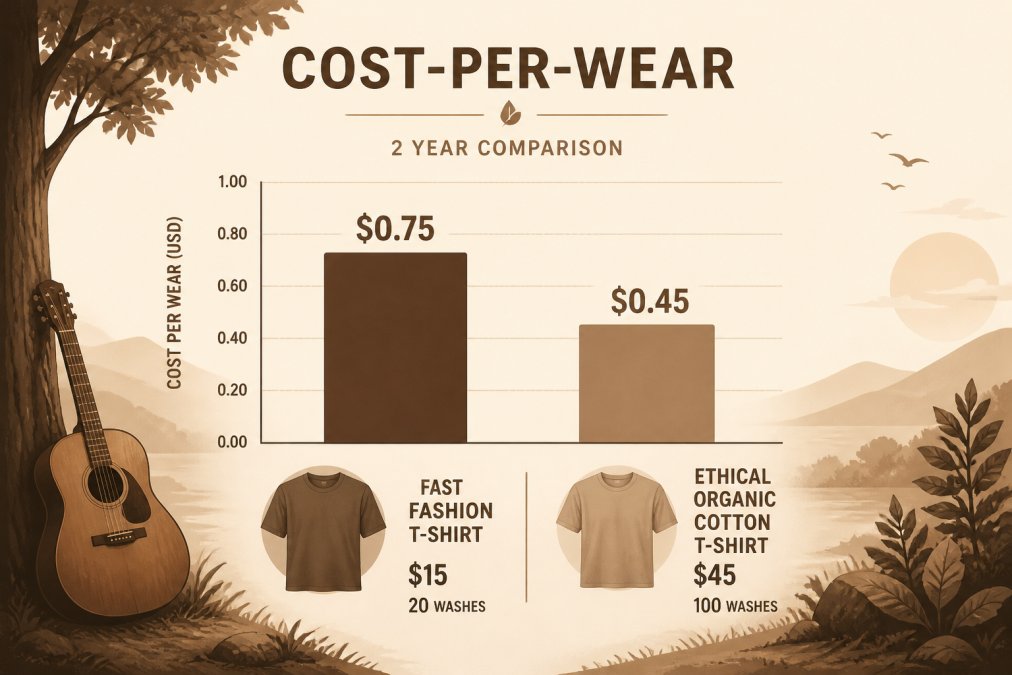 Bar chart comparing cost-per-wear of fast fashion versus ethical streetwear over two years.