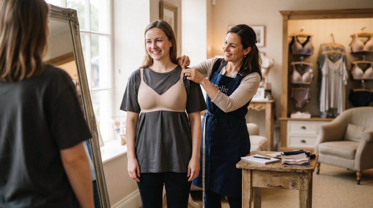 Professional bra fitting specialist in a warm, welcoming boutique environment with soft natural lighting, assisting a customer with adjustments and guidance, both smiling in a supportive consultation space