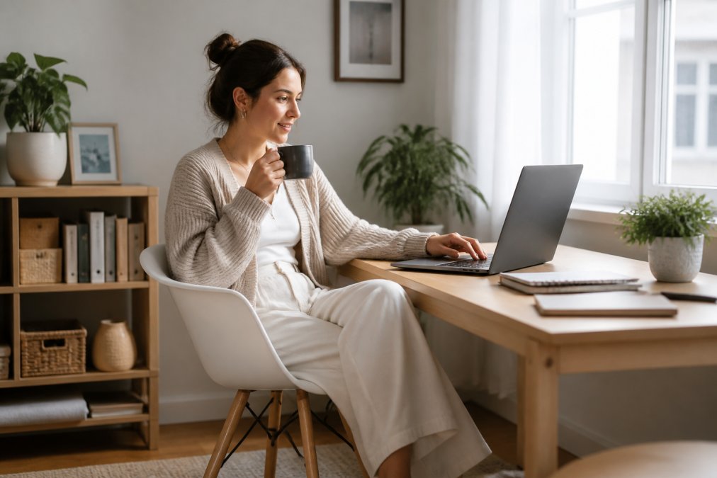 A person working from a bright home desk wearing a ribbed knit open front cardigan over a simple top with wide-leg trousers, laptop and coffee mug on the desk, soft natural window light