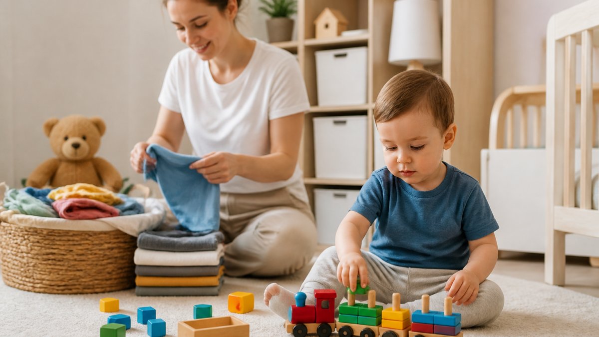 A toddler in soft cotton trousers and a T-shirt playing with toys on the floor of a bright nursery room, with a parent nearby folding clothes