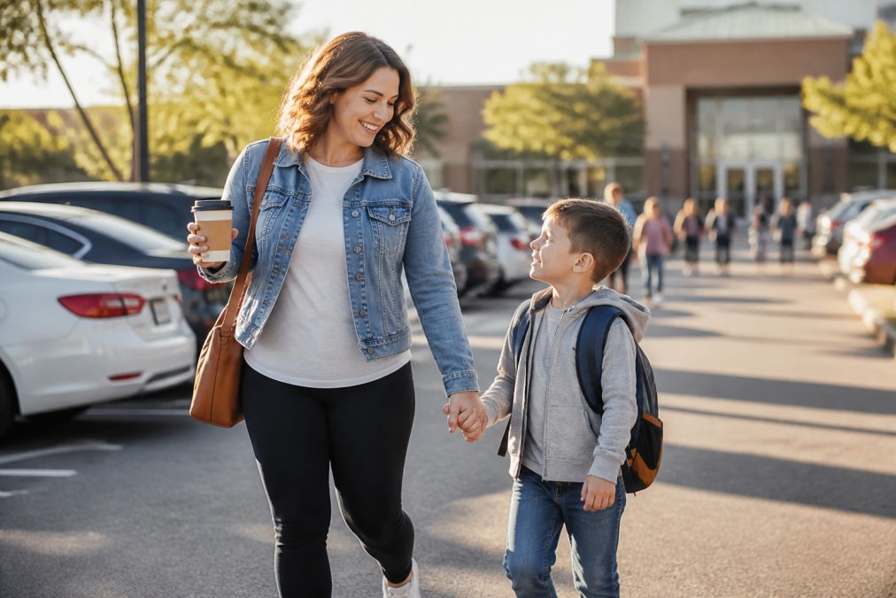 Mom wearing a faith-based graphic tee layered under a denim jacket, holding a coffee cup while walking through a school parking lot with her child, morning sunlight creating warm shadows
