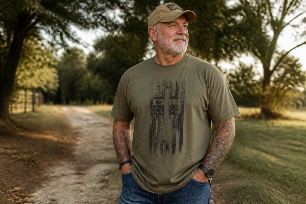 A veteran wearing a comfortable faith-based graphic tee in muted earth tones, standing outdoors in natural lighting with the graphic clearly visible, demonstrating how the heavy-weight fabric drapes and fits on a real body