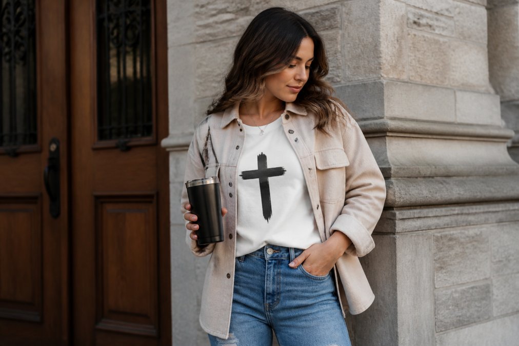 A person styling a comfortable faith-based graphic tee with layered pieces, a relaxed overshirt and casual jacket, demonstrating versatile styling for both everyday wear and community settings