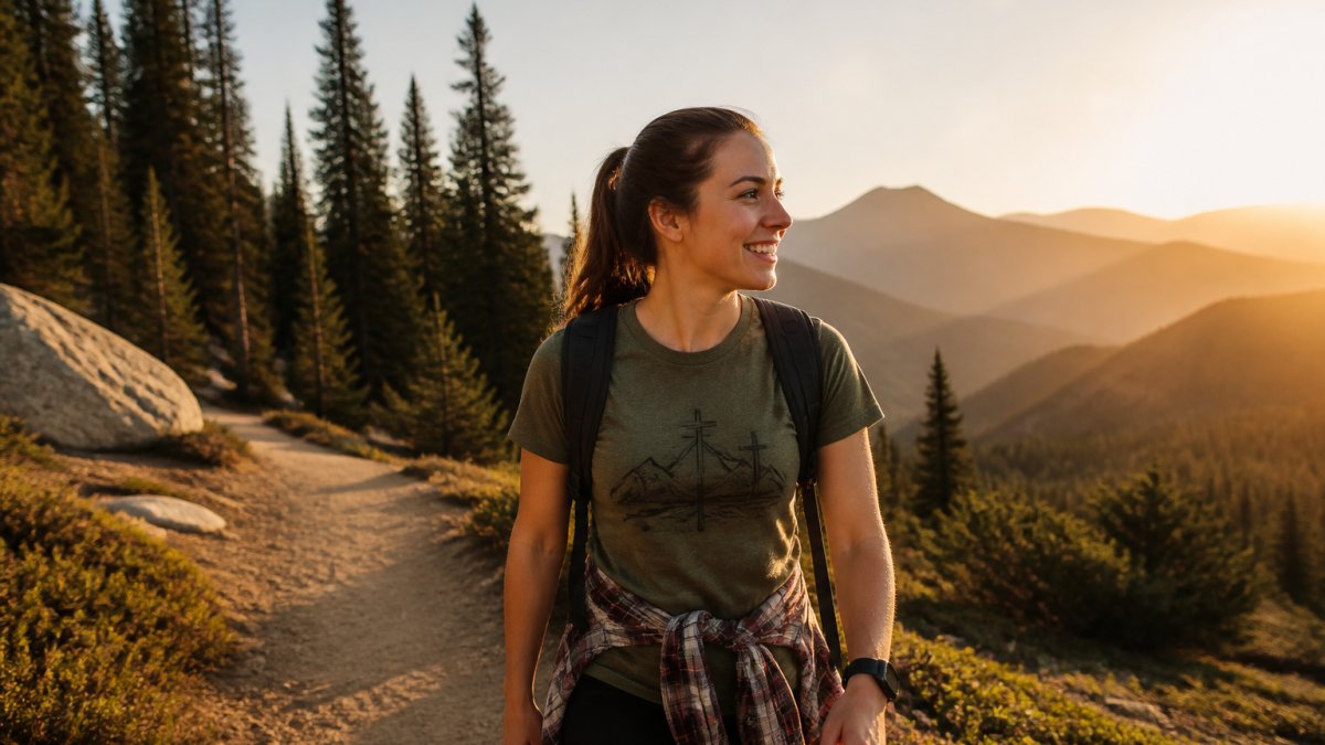 Hiker wearing a faith-based graphic tee on a mountain trail at golden hour, mountains and forest in background, demonstrating how the shirt looks in a real outdoor setting