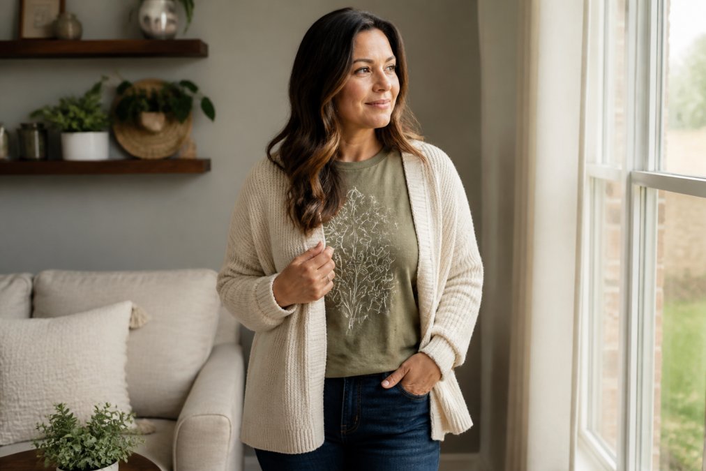 Woman in her 40s wearing soft earth-toned layered outfit with long-sleeve faith-based graphic tee under a cream cardigan and dark jeans, standing near a window with natural light and a calm, confident expression