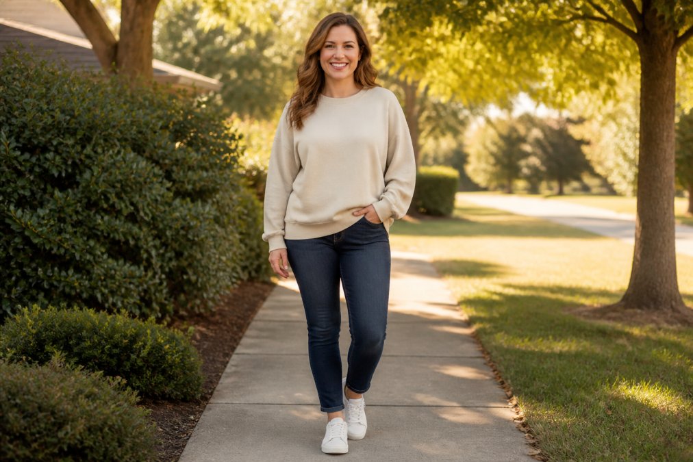Mom wearing a faith-inspired sweatshirt styled casually with fitted jeans and white sneakers, standing outdoors in natural afternoon sunlight with a confident, genuine smile