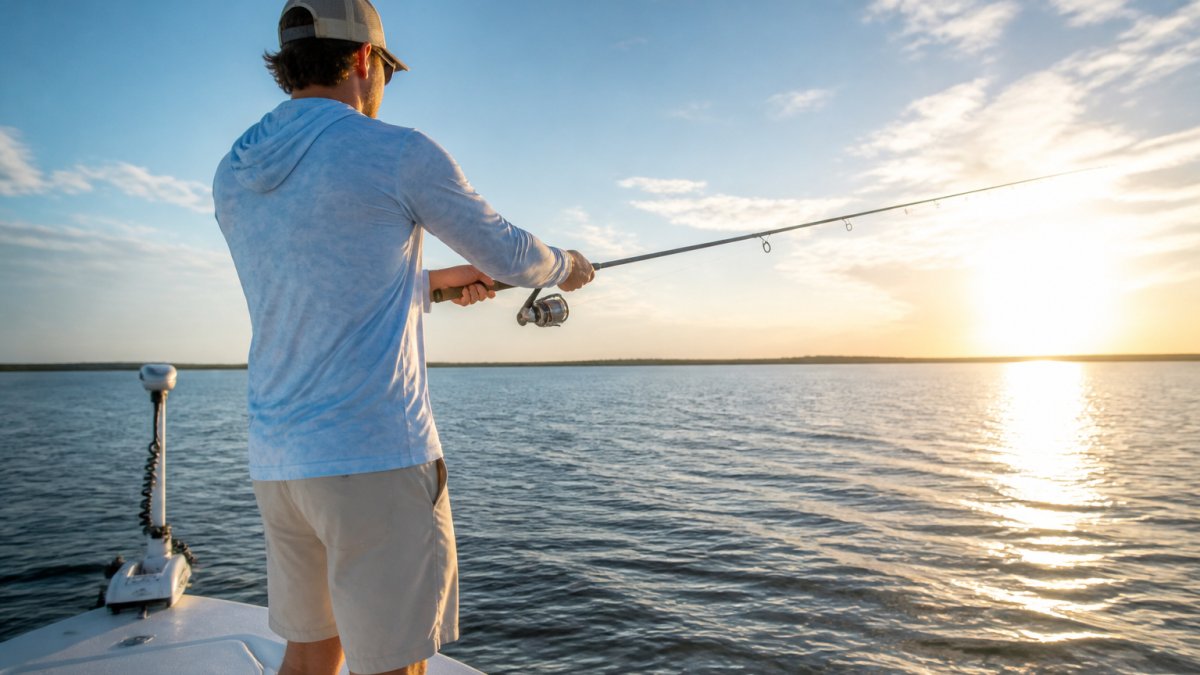 Angler in a breathable performance shirt casting a line from a boat at sunrise on calm water