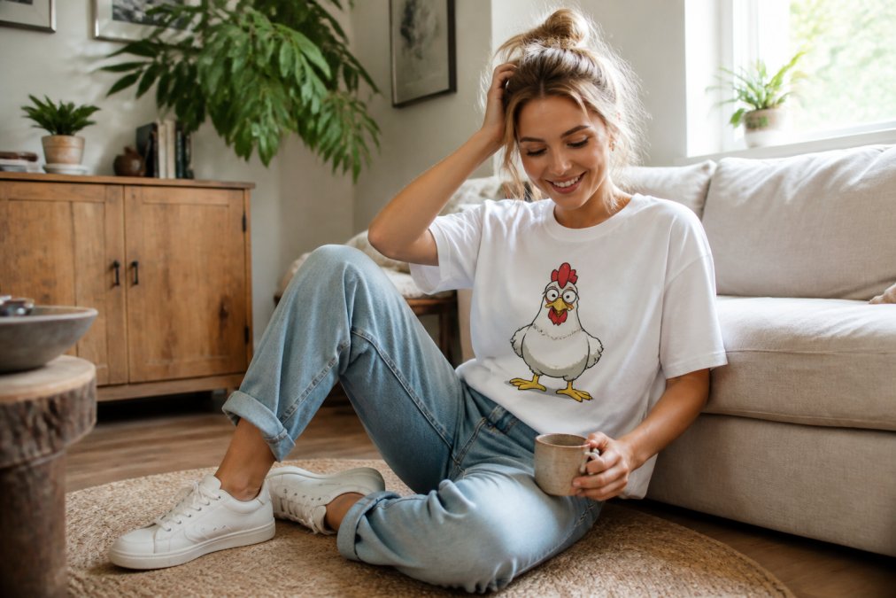 Person wearing a comfortable funny graphic tee styled with relaxed-fit jeans and neutral trainers in a casual home setting, natural daylight streaming through windows