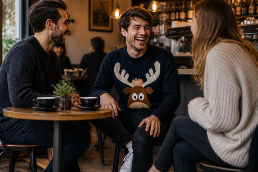 A person wearing a bold graphic jumper with a humorous print, laughing with friends in a relaxed café setting, styled casually with dark jeans and white trainers, warm ambient lighting