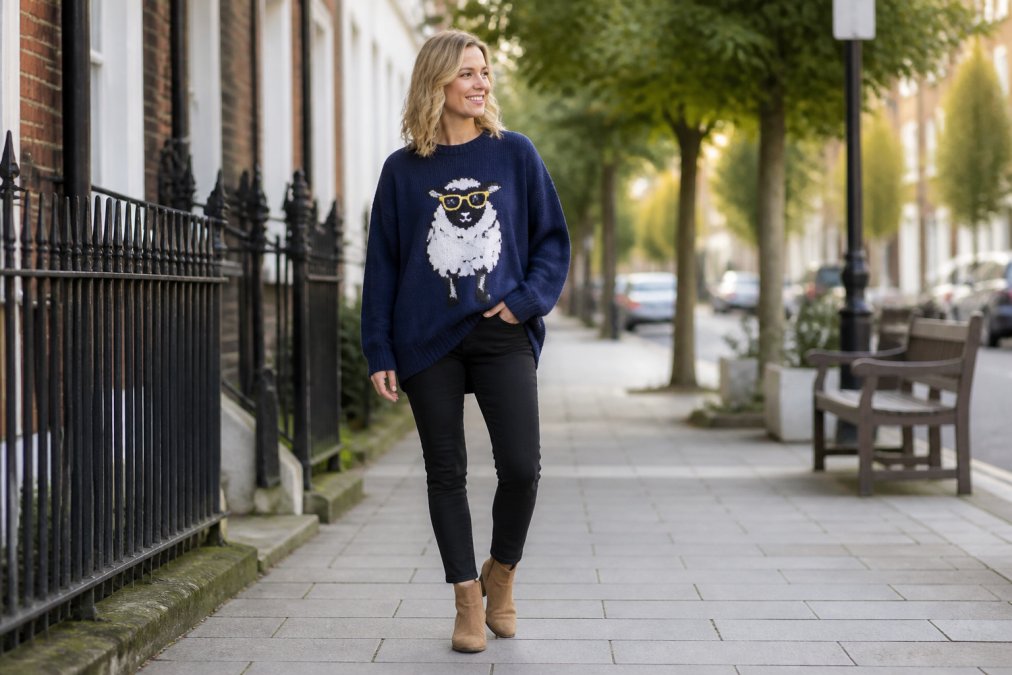 A woman wearing an oversized funny jumper with a humorous graphic, front-tucked slightly at the hem, paired with slim dark trousers and tan ankle boots, standing confidently on a bright urban street with natural daylight