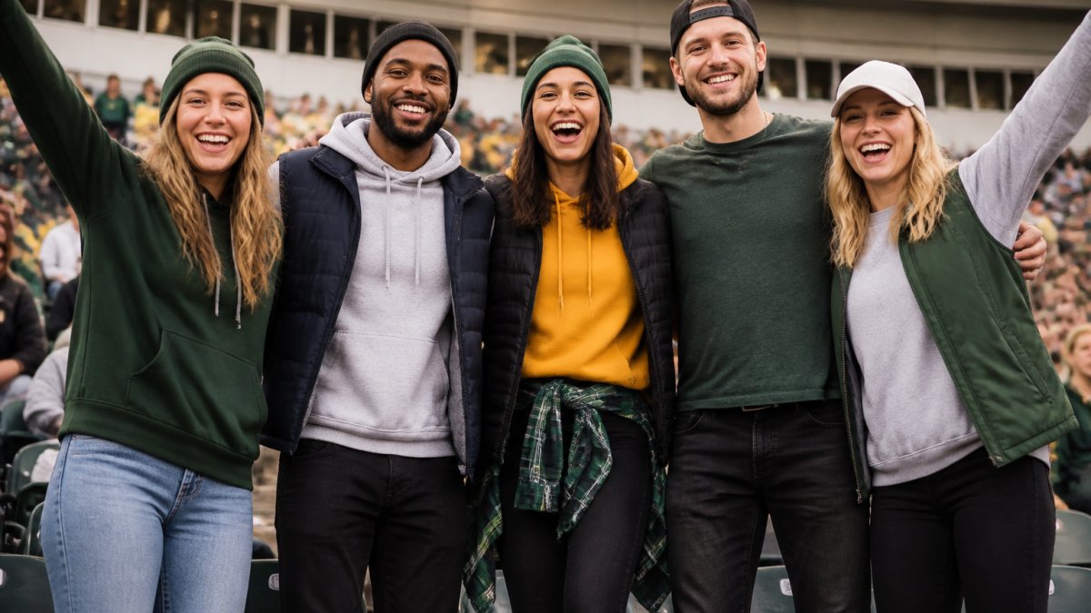 Group of fans wearing varied comfortable game day outfits including hoodies, graphic tees, and layered crewnecks standing together in stadium seating, smiling and cheering