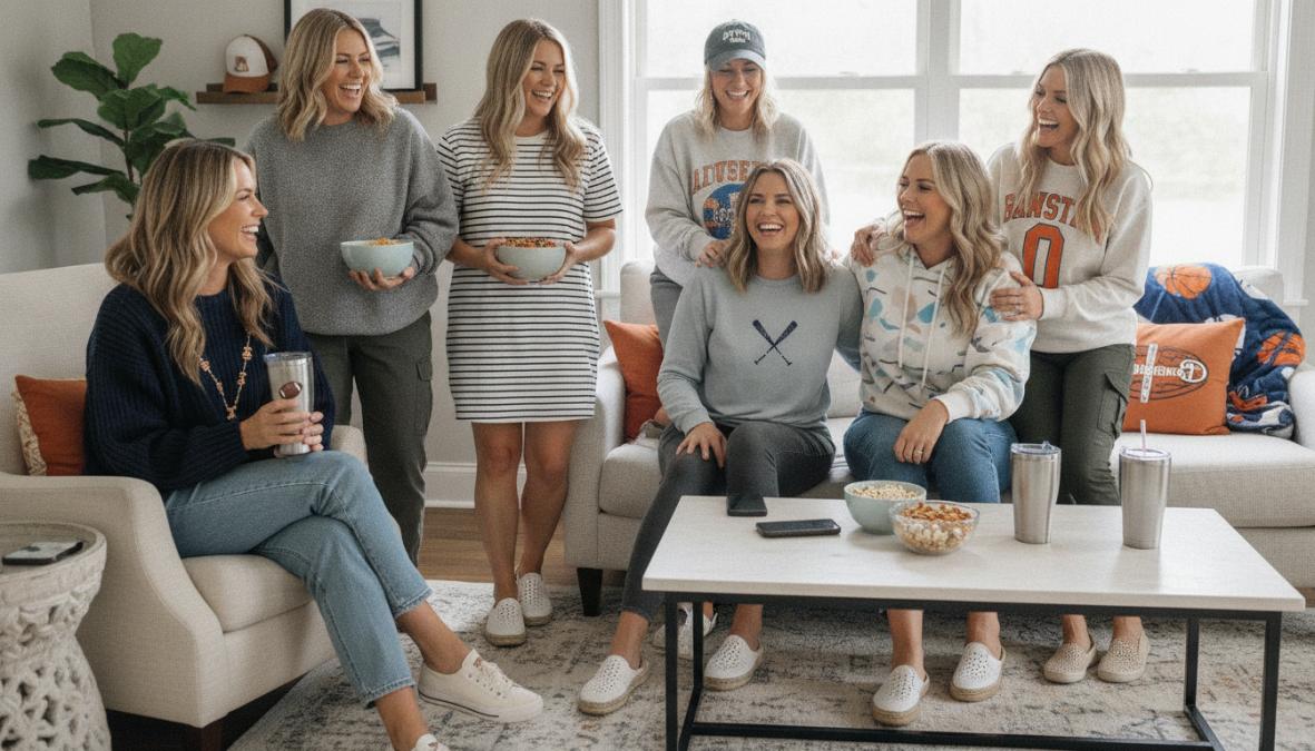Mom in casual chic game day outfit standing confidently in stadium seating wearing structured leggings, oversized team tee, lightweight cardigan, and white sneakers with a small crossbody bag