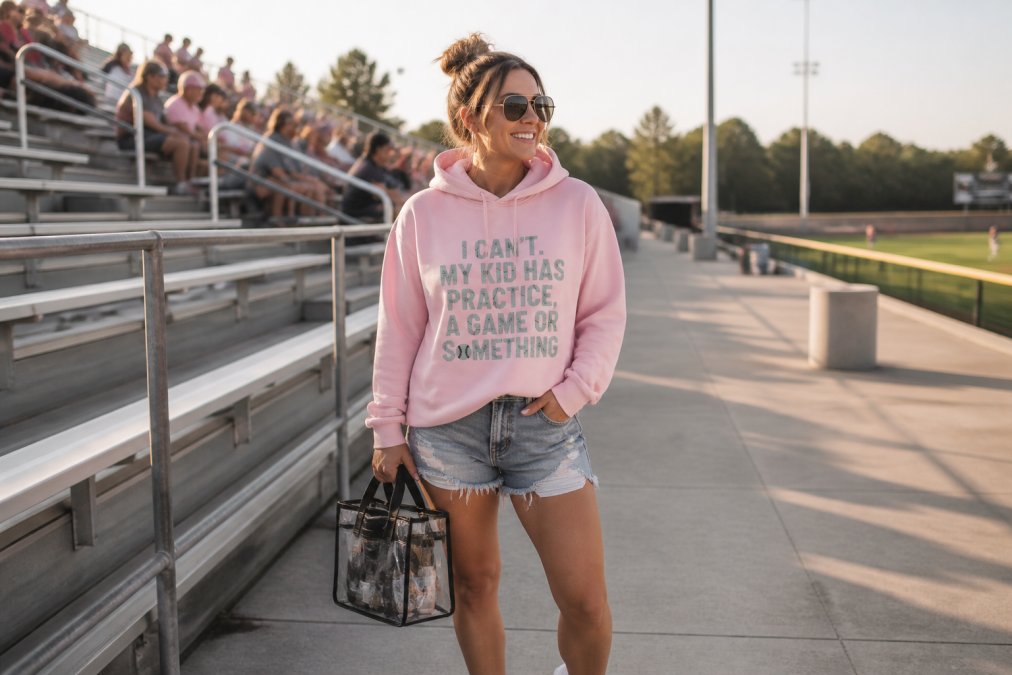 A mom standing in a stadium wearing a graphic team spirit hoodie with distressed denim shorts and white sneakers, holding a stadium-approved clear bag with a confident smile, bleachers and crowd visible in the soft afternoon light behind her