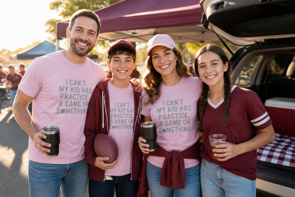 A diverse family of four at a tailgate event wearing coordinated but individually styled game day outfits in team colors, comfortable casual wear with graphic tees, hoodies, and team spirit accessories, smiling and holding drinks in golden afternoon sunlight