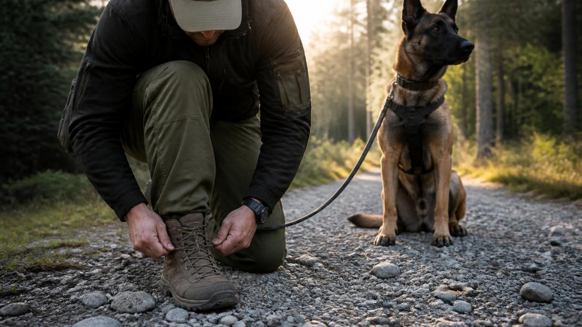 A K9 handler kneeling on a gravel trail to adjust a lace on a sturdy tactical boot, working dog on a leash beside them, early morning light through trees