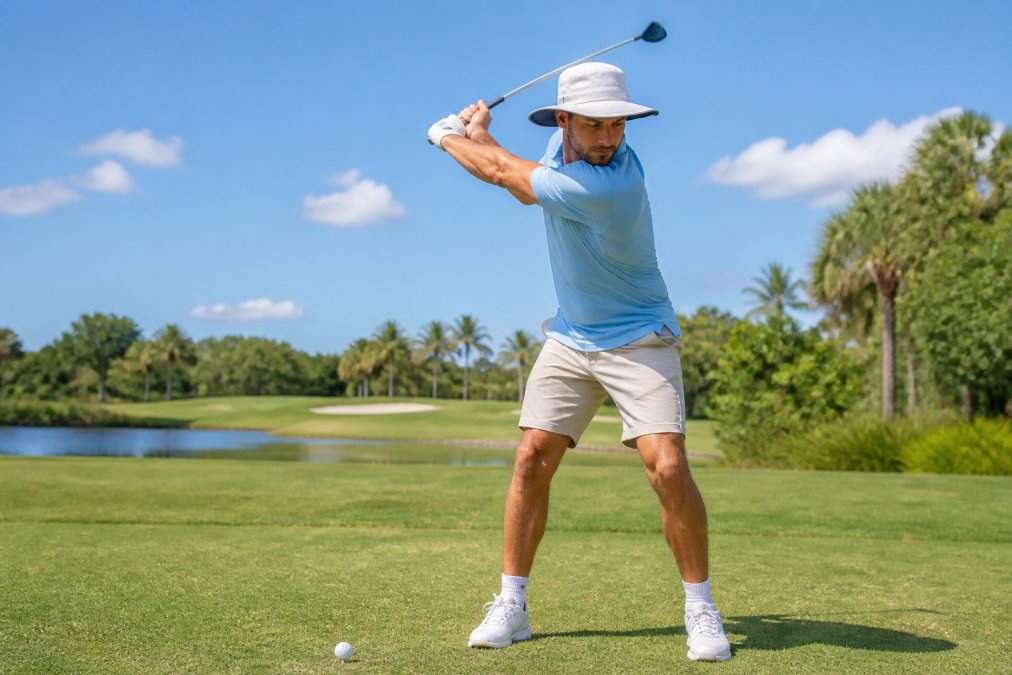 Golfer wearing moisture-wicking performance polo and wide-brimmed hat on sunny fairway, mid-swing in athletic stance, showing breathable athletic fit during hot afternoon conditions with clear blue sky