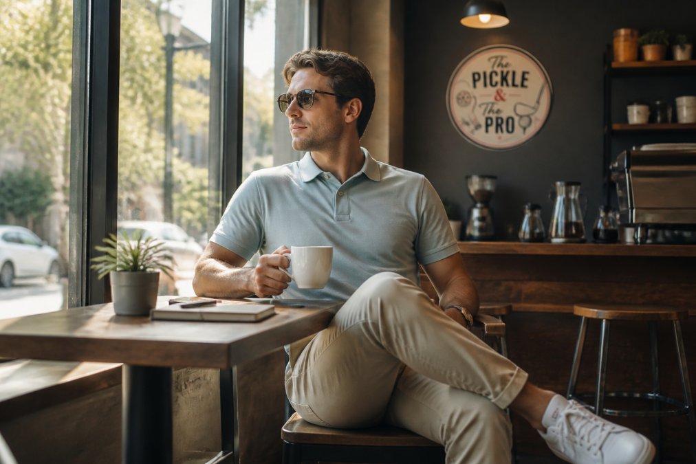 Person wearing a comfortable golf polo styled casually with chinos and sneakers in an urban coffee shop setting with natural window lighting