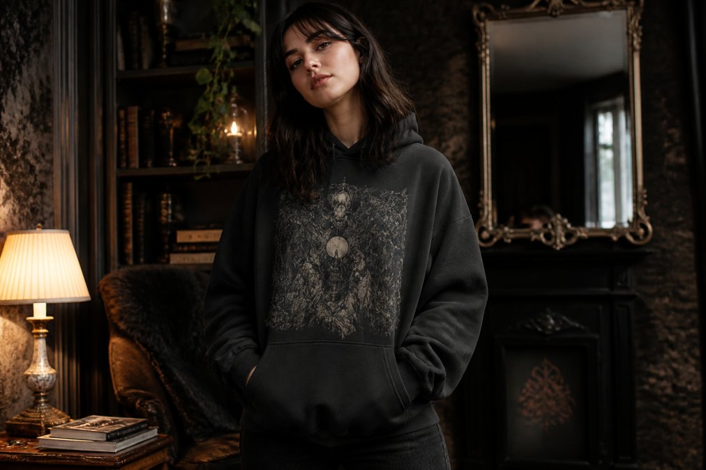 A young woman wearing an oversized dark-toned graphic pullover hoodie with ribbed cuffs and a kangaroo pocket, styled casually with dark jeans, photographed in a moody, dimly lit indoor setting with warm ambient light that evokes a gothic-aesthetic vibe