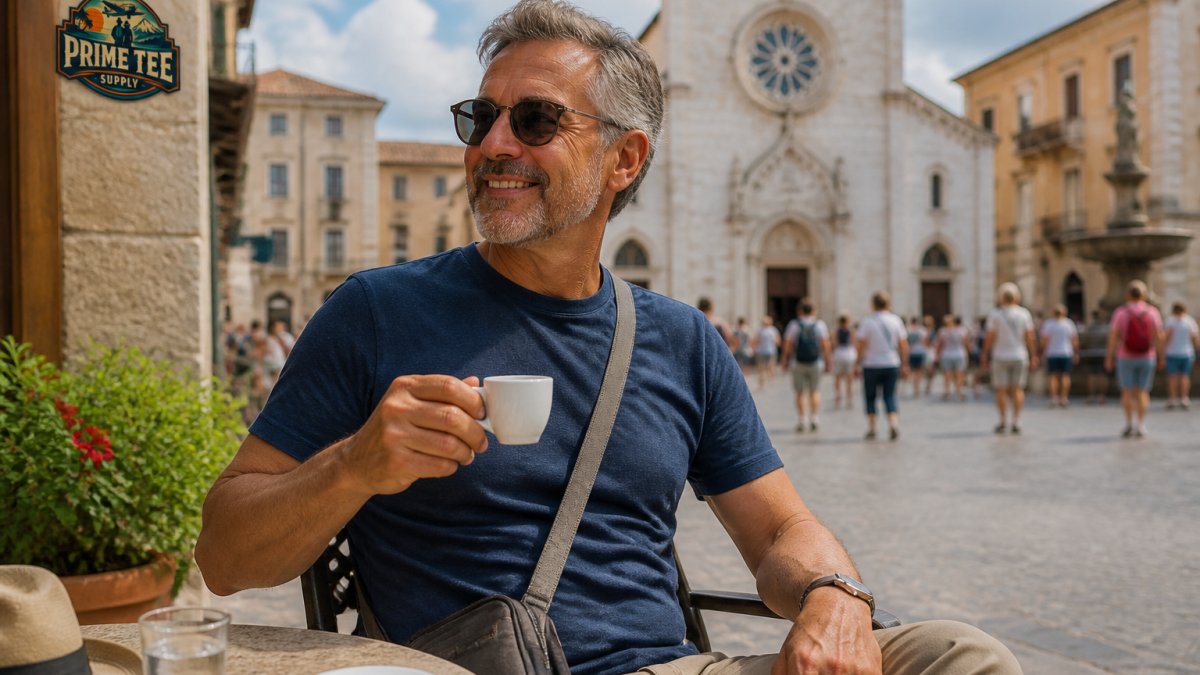 Mature traveler wearing a comfortable graphic tee while sightseeing in a historic European town square, holding a small crossbody bag and espresso cup, relaxed and engaged with surroundings