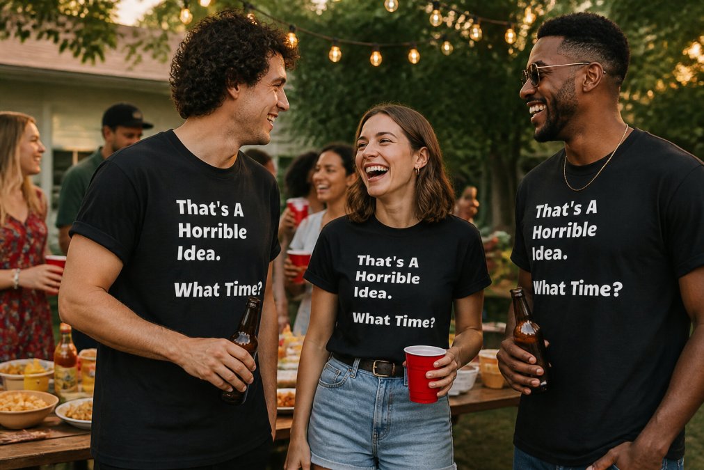 Group of friends wearing comfortable graphic tees at an outdoor summer party, laughing and socializing near a picnic table with string lights overhead