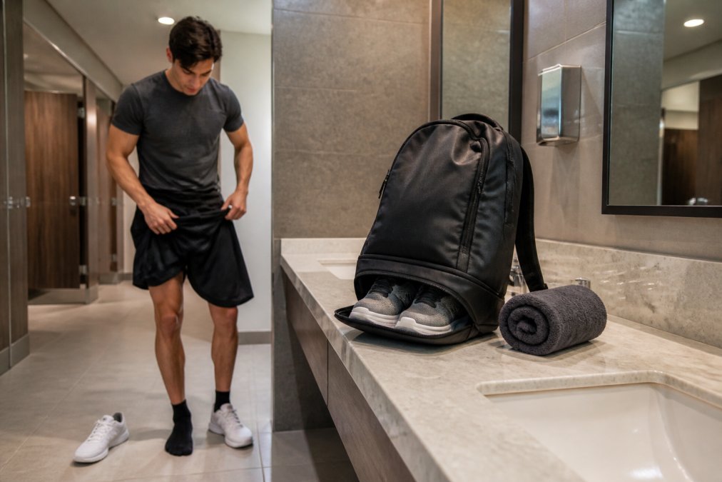 Commuter changing into gym clothes for commuters in a station restroom with a backpack and towel.