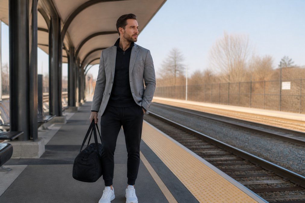 A commuter in their 30s standing on a train platform wearing athletic wear under a casual blazer, holding a gym duffel bag, looking comfortable and put-together in soft morning light