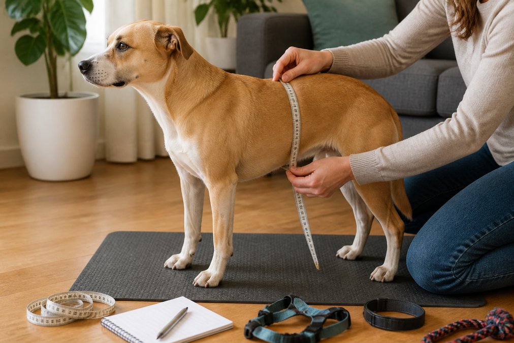 A person using a soft measuring tape to measure the girth of a calm medium-sized dog around its ribcage, with the dog standing on a non-slip mat in a bright room