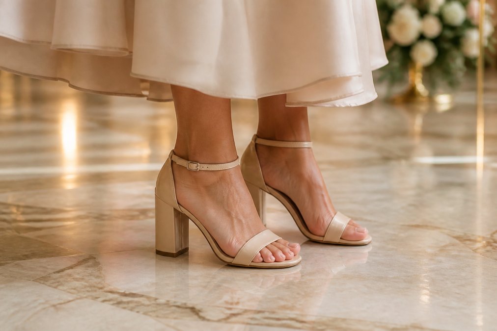 Close-up of a woman's feet in elegant block heel wedding shoes in champagne or nude tone, standing on a polished marble floor with the hem of her wedding guest dress visible