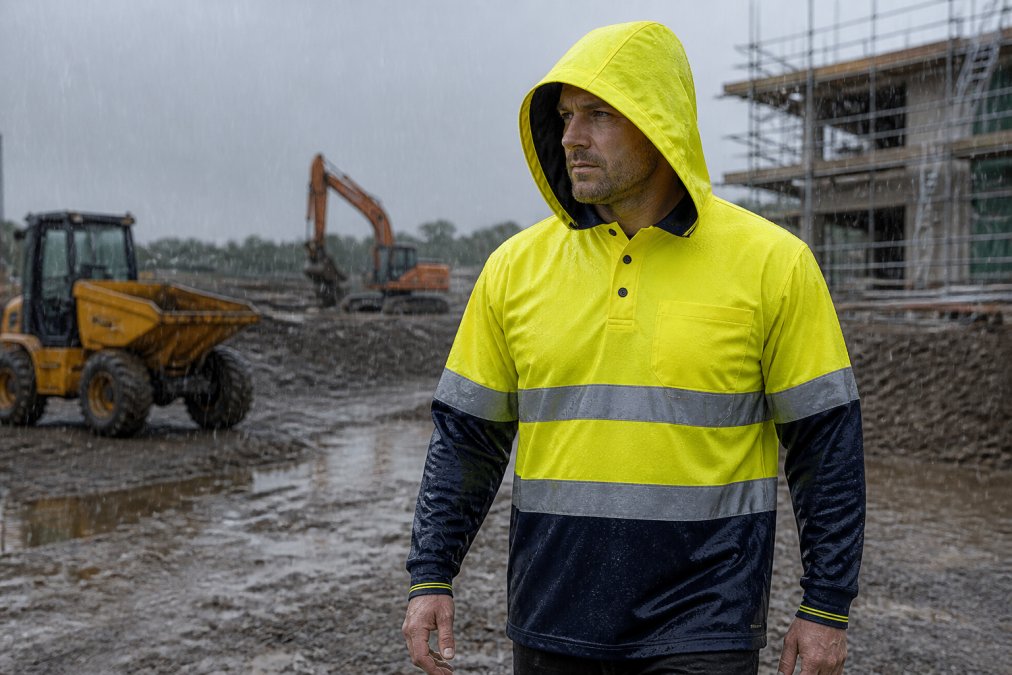 Worker wearing bright hi-vis waterproof jacket with hood in heavy rain on an outdoor job site, demonstrating weather protection and reflective visibility in grey, wet conditions
