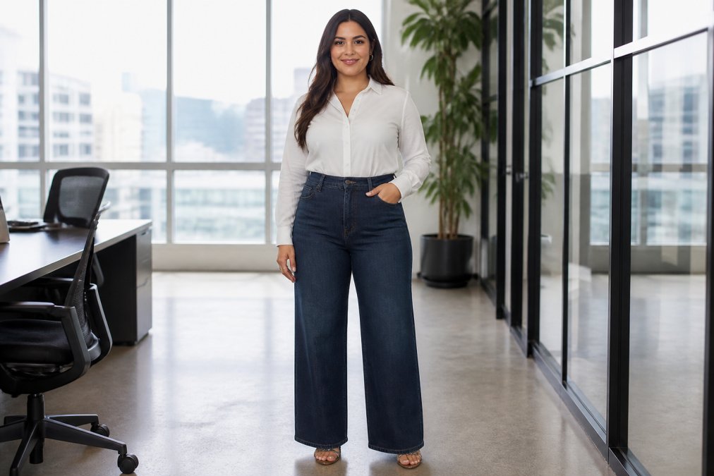 Woman with pear-shaped body wearing high-waisted straight-leg jeans in dark indigo, standing confidently in modern office with natural window lighting, wearing a fitted white blouse tucked in