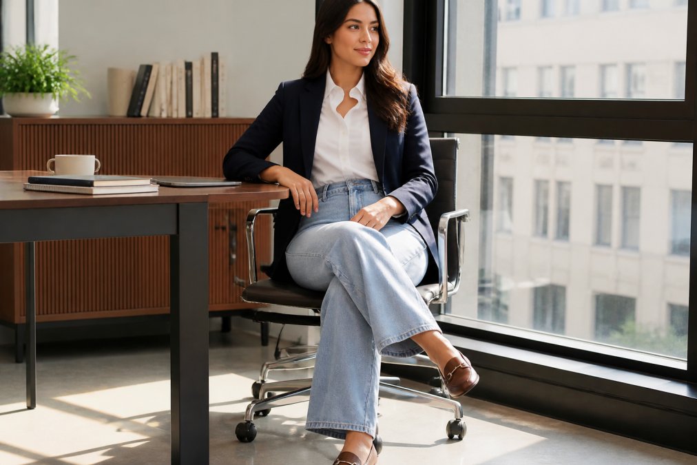Professional woman wearing high-waisted dark indigo wide-leg jeans with a crisp white button-down shirt tucked in, structured navy blazer, and leather loafers, sitting at modern office desk with laptop and natural light from window