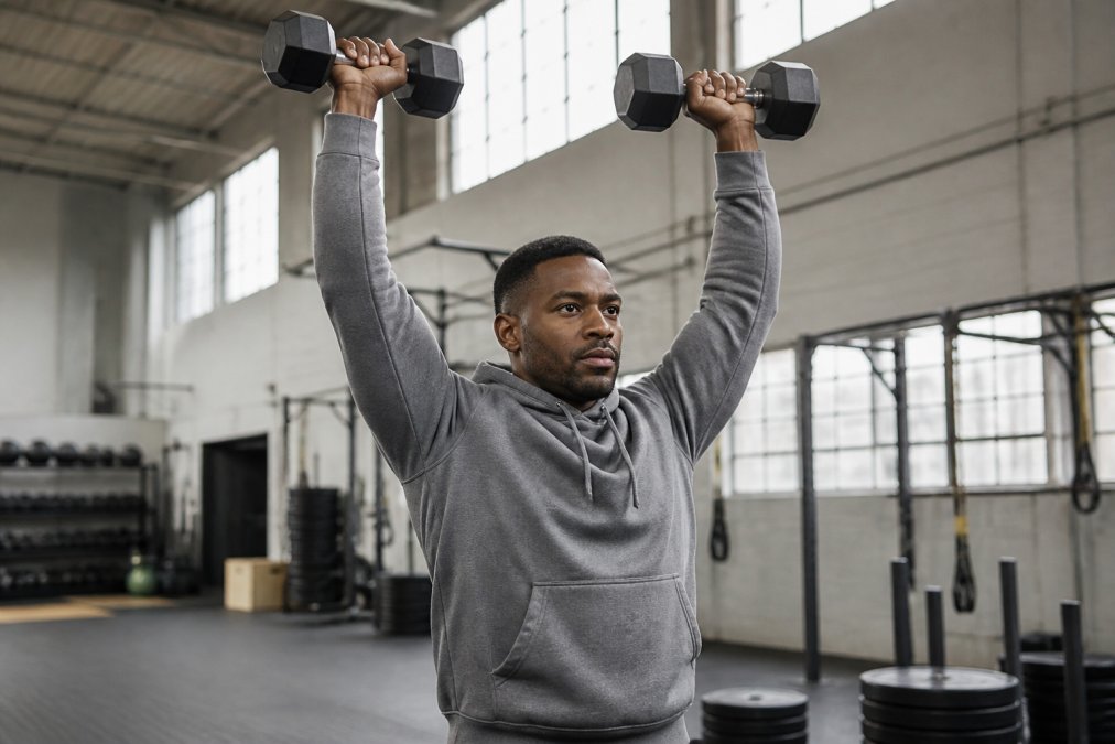 Person wearing an athletic hoodie during intense gym workout, demonstrating full unrestricted arm movement and comfortable fit while performing overhead exercises with dumbbells in bright fitness facility