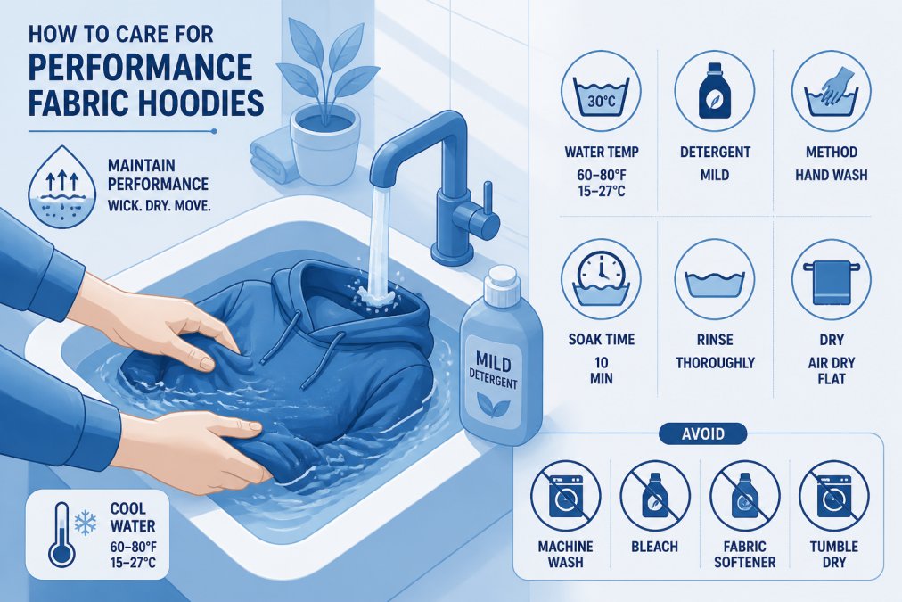 Hands gently washing a performance hoodie in cool water with mild detergent, showing proper care technique to maintain moisture-wicking properties and fabric integrity in bathroom sink with natural lighting