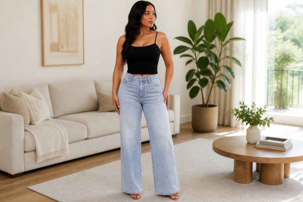 A woman wearing high-waisted wide-leg jeans in a flattering silhouette, standing confidently in a bright, airy indoor setting with natural light highlighting the smooth waistband and relaxed leg cut
