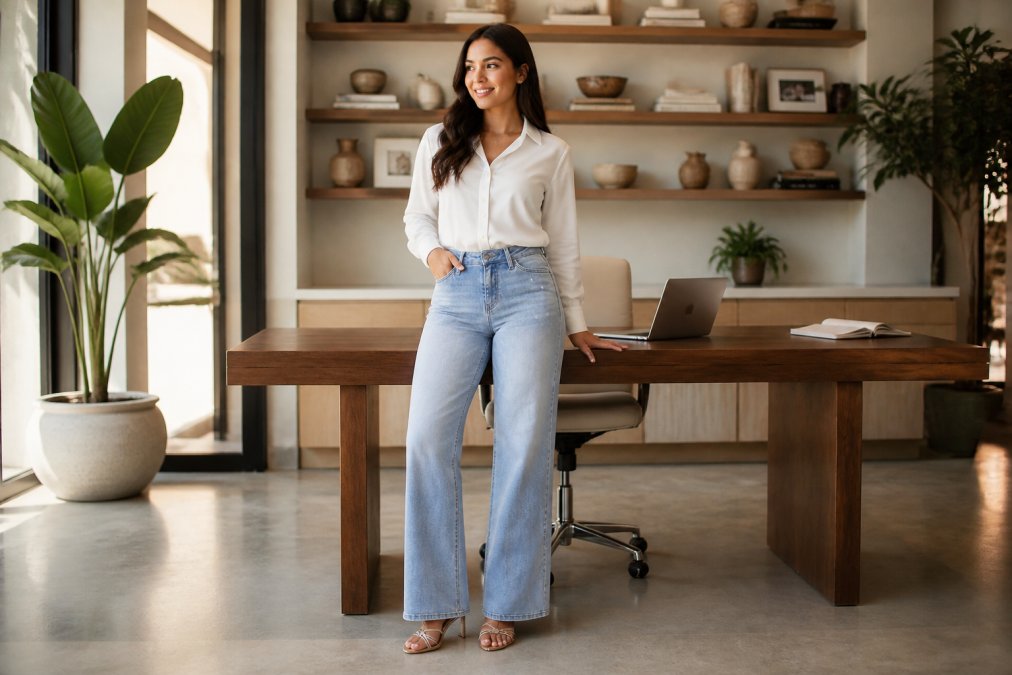 A stylish woman in wide-leg jeans paired with a tucked-in blouse and heels, photographed in an office-casual environment with warm, natural lighting that emphasizes the versatile, polished look