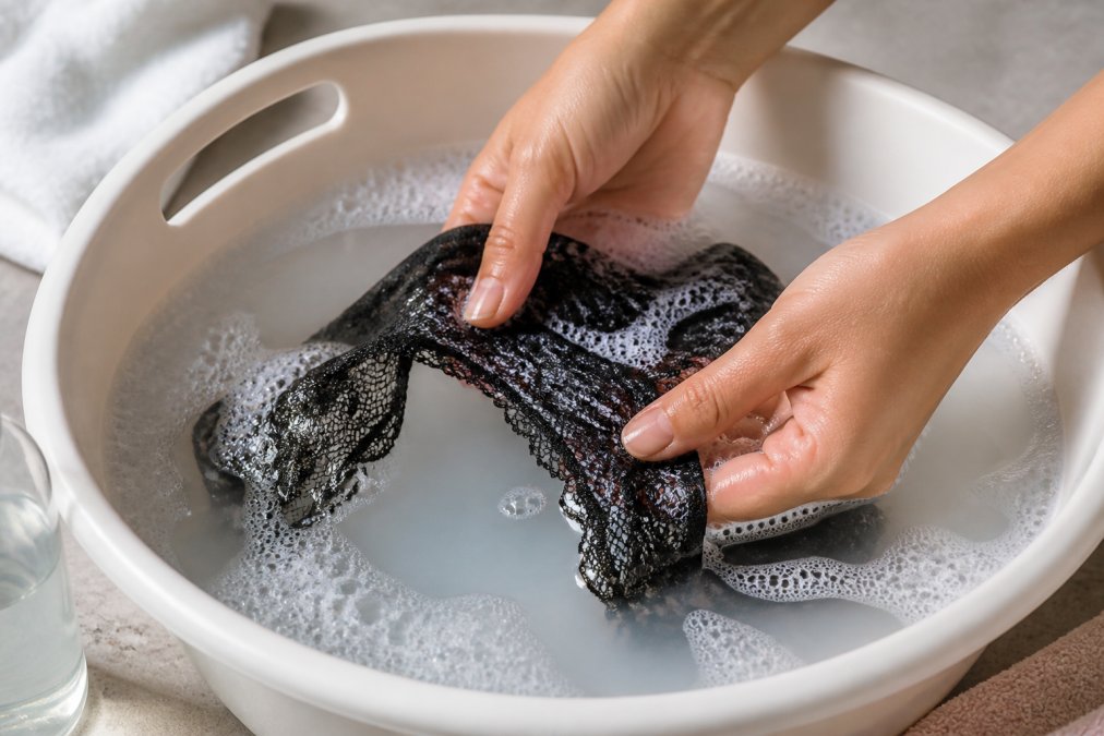Close-up of hands gently washing delicate lace thong underwear in a basin of cool water with mild soap, showing proper hand-washing technique and careful handling